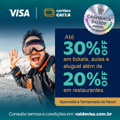Banner com imagem de um rapaz com roupa e óculos de neve com uma montanha coberta de gelo ao fundo